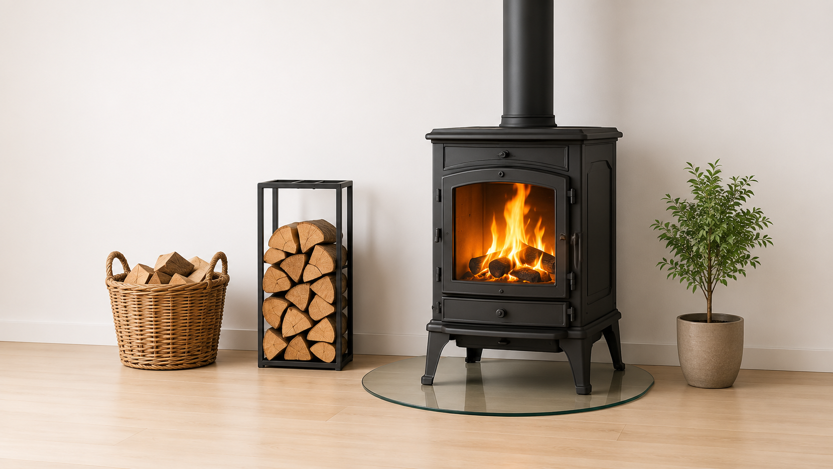 Holzofen mit Rauchrohr im Wohnraum