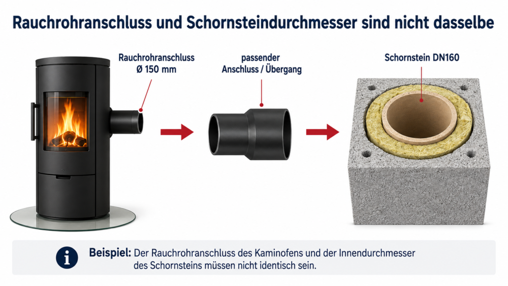 Rauchrohranschluss 150 mm und Keramikschornstein DN160 am Kaminofen