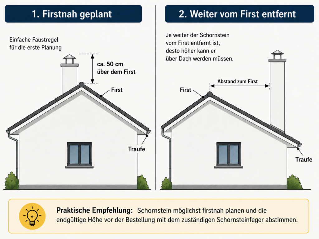 Schornsteinhöhe bei firstnaher und vom First entfernter Position