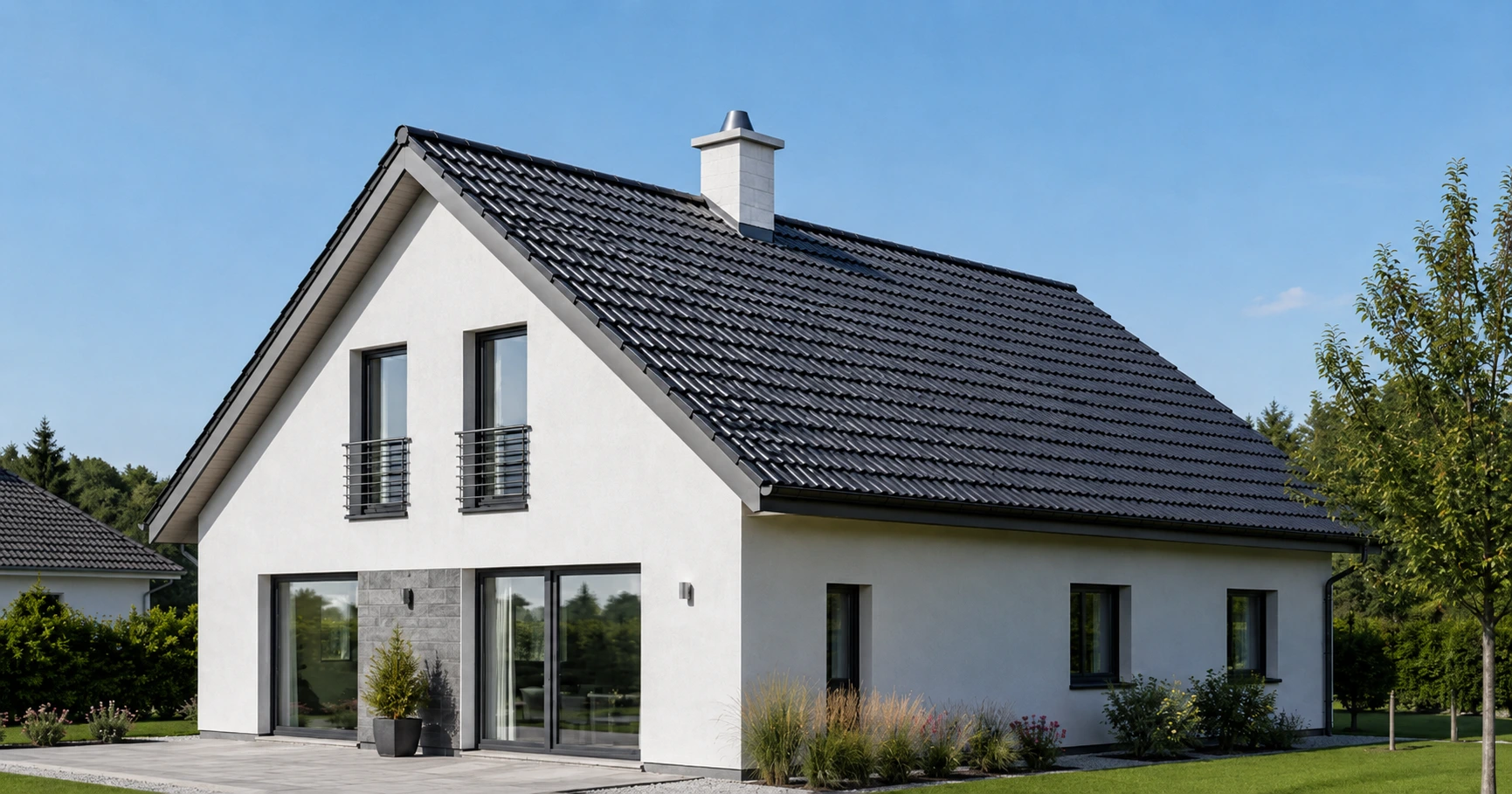 Schornstein nahe am First eines Einfamilienhauses